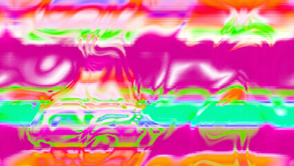 Abstract psychedelic glitch waves with neon colors, distorted digital fluid texture and VHS scanline effect