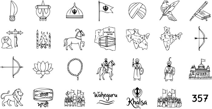Sikhism and Punjabi Culture Line Art Icon Set: Featuring Gurdwara, Khanda, Kirpan, Turban, Waheguru, Khalsa, Sikh Warriors, Gurbani, and historical symbols.