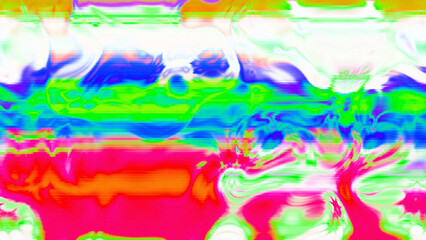 Abstract psychedelic glitch waves with neon colors, distorted digital fluid texture and VHS scanline effect