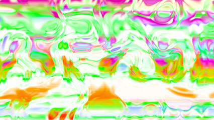 Abstract psychedelic glitch waves with neon colors, distorted digital fluid texture and VHS scanline effect