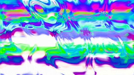 Abstract psychedelic glitch waves with neon colors, distorted digital fluid texture and VHS scanline effect
