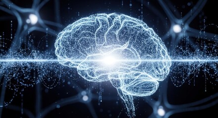 Futuristic digital human brain with glowing neural network connections and light beam, representing AI, data, and advanced technology