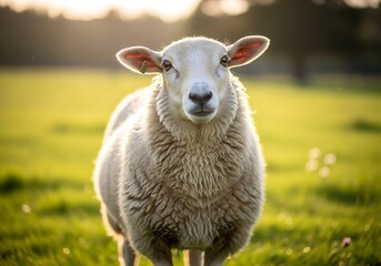 Obraz premium A fluffy white sheep stands in a sunny green field, looking directly at the camera with a gentle expression.