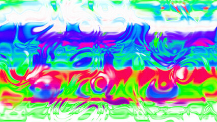 Abstract psychedelic glitch waves with neon colors, distorted digital fluid texture and VHS scanline effect