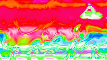 Abstract psychedelic glitch waves with neon colors, distorted digital fluid texture and VHS scanline effect