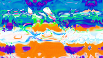 Abstract psychedelic glitch waves with neon colors, distorted digital fluid texture and VHS scanline effect
