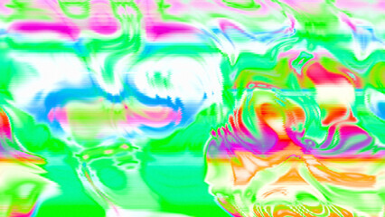 Abstract psychedelic glitch waves with neon colors, distorted digital fluid texture and VHS scanline effect