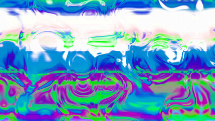 Abstract psychedelic glitch waves with neon colors, distorted digital fluid texture and VHS scanline effect