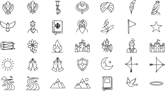 Detailed Line Art Icon Set of Sikhism and Spirituality: Featuring Khanda, Holy Book, Gurus, Warriors, Nature, and Cultural Symbols