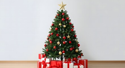 A christmas tree decorated with ornaments and presents underneath against white wall