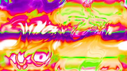Abstract psychedelic glitch waves with neon colors, distorted digital fluid texture and VHS scanline effect