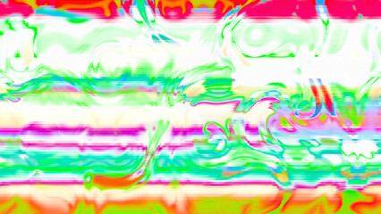 Abstract psychedelic glitch waves with neon colors, distorted digital fluid texture and VHS scanline effect