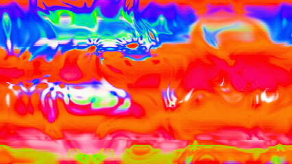Abstract psychedelic glitch waves with neon colors, distorted digital fluid texture and VHS scanline effect