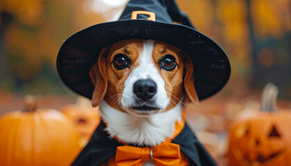 A Witch's Beagle: A cute beagle, adorned in a witch's hat, cape, and bow tie, poses amidst a collection of pumpkins in the autumn woods, evoking the spirit of Halloween.