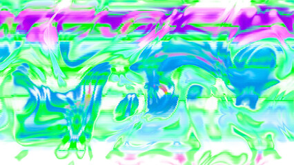 Abstract psychedelic glitch waves with neon colors, distorted digital fluid texture and VHS scanline effect