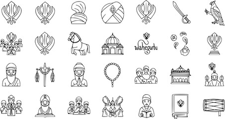 Sikhism Line Icons Set. Collection of religious and cultural symbols, elements, and figures like Khanda, Gurdwara, Turbans, Holy Book, Kirpan, Waheguru in outline style.