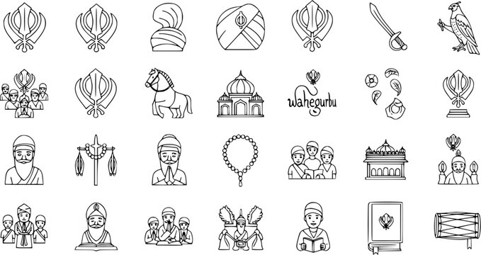 Sikhism Line Icons Set. Collection of religious and cultural symbols, elements, and figures like Khanda, Gurdwara, Turbans, Holy Book, Kirpan, Waheguru in outline style.