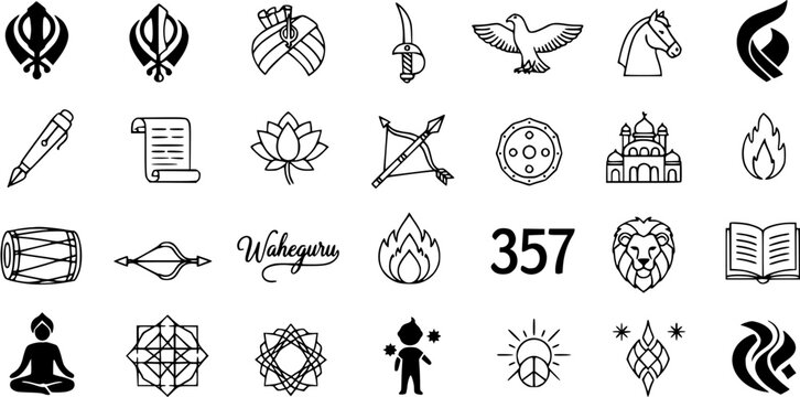 Sikhism Symbols  Icons Set: Vector Illustrations of Khanda, Turban, Gurdwara, Waheguru, Kirpan, Lion, Holy Book, and Cultural Elements