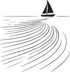 Minimalist Sailboat Art &ndash; Line Drawing of Boat on Rippling Water in Motion