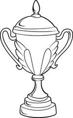 Black and white trophy cup illustration with ornate handles, lid, and leaf design for award, achievement, and competition themes