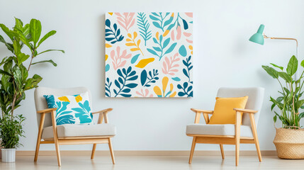 Fototapeta premium Bright and modern living room featuring comfortable armchairs, vibrant botanical wall art, and lush green houseplants, creating stylish and serene interior