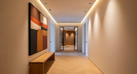 Fototapeta premium Modern corridor in a luxury apartment with warm light ambience and art
