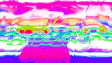 Abstract psychedelic glitch waves with neon colors, distorted digital fluid texture and VHS scanline effect