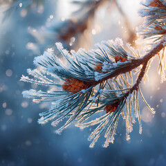 Frost-covered pine branch shimmering in the morning light during winter season