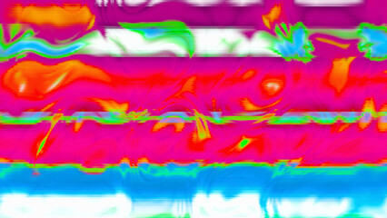 Abstract psychedelic glitch waves with neon colors, distorted digital fluid texture and VHS scanline effect
