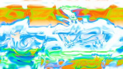Abstract psychedelic glitch waves with neon colors, distorted digital fluid texture and VHS scanline effect