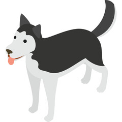 Stylized Isometric Husky Dog with Black and White Fur and Pink Tongue Standing on Transparent Background Minimalist Design