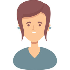 Stylized Portrait Of A Friendly Woman With Short Brown Hair And Blue Earrings Wearing A Teal V-Neck Top And Smiling Warmly Against A Transparent Background In An Isometric Style