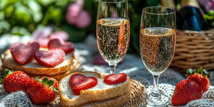 Sunlit romantic outdoor picnic featuring two sparkling champagne flutes, sweet heart-shaped strawberry slices on toast, and fresh red berries, perfect for special occasion.