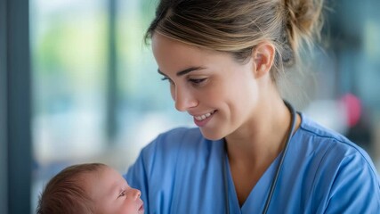 A smiling female nurse in blue scrubs gently holds a newborn baby in a bright hospital setting. The nurse looks at the infant with warmth and care, embodying compassion and professionalism