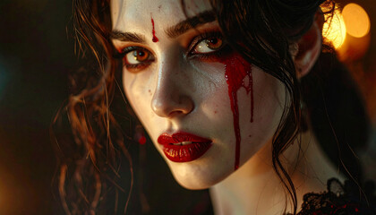 Crimson Tears: A captivating image showcases a woman with haunting eyes, her face adorned with streaks of crimson, evoking a sense of tragedy and drama. 