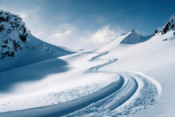 Snowboard tracks carve through pristine powder snow on a steep mountain slope, showcasing the thrill of winter sports in a beautiful alpine landscape during a sunny day