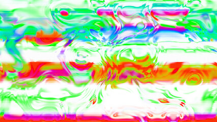 Abstract psychedelic glitch waves with neon colors, distorted digital fluid texture and VHS scanline effect