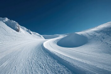 Explore the pristine ski slope winding through majestic alpine scenery under a clear blue sky during the winter vacation season