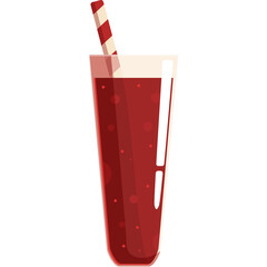 Tall glass filled with dark red bubbly beverage and striped straw isolated on white background with no distractions
