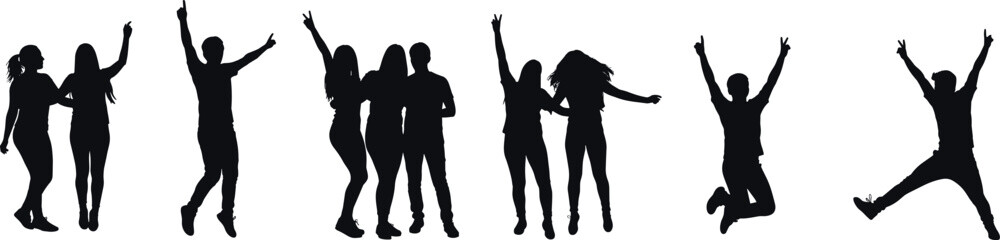Black Silhouettes of Jumping and Celebrating People in Expressive Poses Depicting Joy, Unity, and Motion in Vector Format