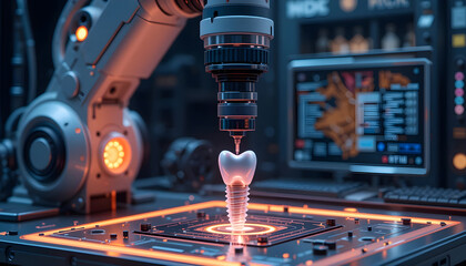 Robotic Arm Precisely Examining a Glowing Dental Implant in a High-Tech Lab