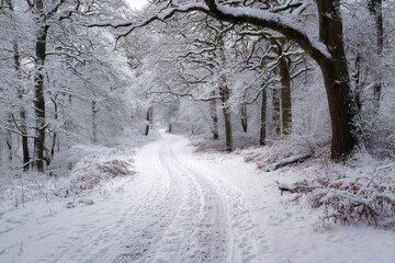 Snowy path winding through a quiet woodland landscape in winter showcasing serene beauty and tranquility