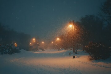 Soft snowfall blankets a snowy park with glowing street lamps creating a cozy atmosphere during winter nights