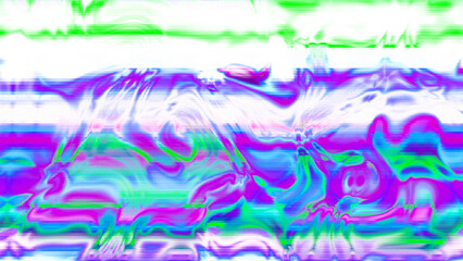 Abstract psychedelic glitch waves with neon colors, distorted digital fluid texture and VHS scanline effect