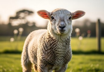 Fototapeta premium A cute young lamb with soft wool stands in a sunlit green field, looking directly at the viewer with gentle eyes.
