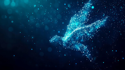 Dynamic digital dove in flight, composed of glowing blue interconnected network nodes and lines, soaring through dark abstract space filled with sparkling bokeh, symbolizing peace and technological fr