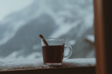 Warm mulled wine with cinnamon stick beside a snowy mountain view, perfect for cozy winter days in a cabin retreat