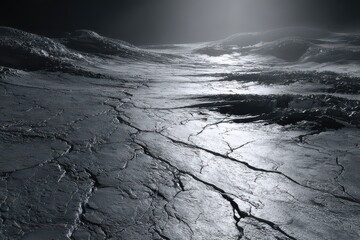 Winter landscape highlighted by ice cracks across the snow-covered terrain reflecting light in a serene, cold atmosphere