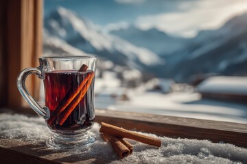 Warm mulled wine with cinnamon stick beside a snowy window, overlooking majestic mountains in winter