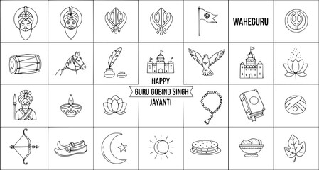 Happy Guru Gobind Singh Jayanti line art icons set. Collection of doodle religious symbols and cultural elements for Sikh festival celebration.